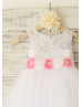 Ivory Lace Tulle Wedding Flower Girl Dress With Flower Sash